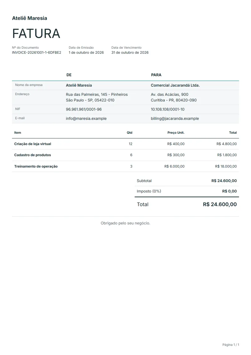 Free modelo de fatura online template: sample document with line items, quantities, prices and the total