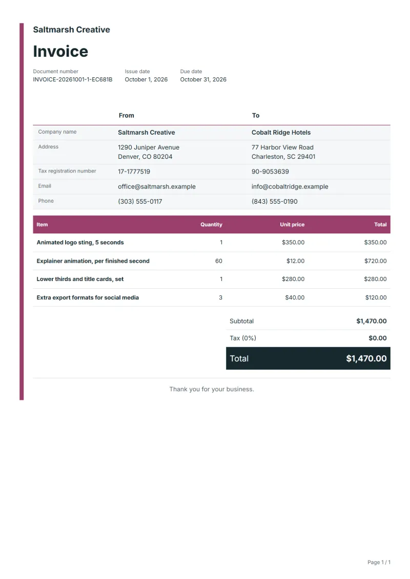 Free motion graphics invoice template: sample document with line items, quantities, prices and the total
