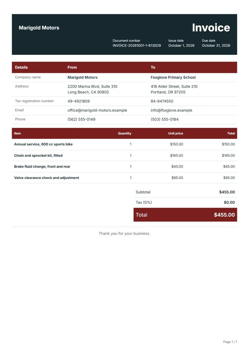 Free motorcycle repair invoice template: sample document with line items, quantities, prices and the total