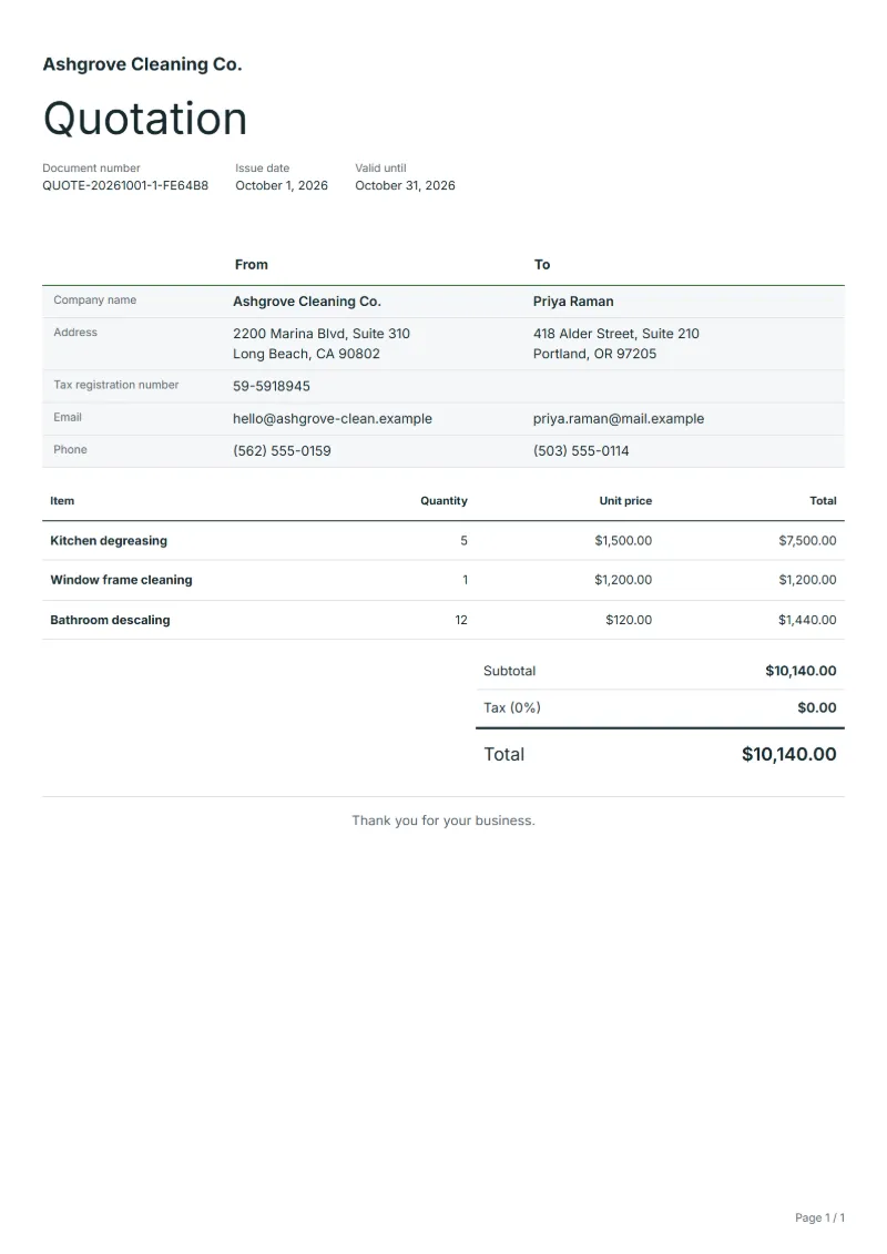 Free move-out cleaning quotation template: sample document with line items, quantities, prices and the total