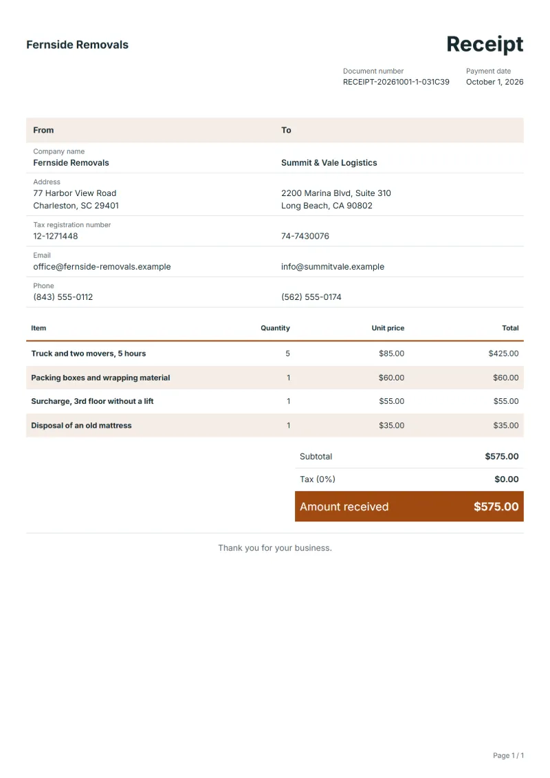 Free moving company receipt template: sample document with line items, quantities, prices and the total