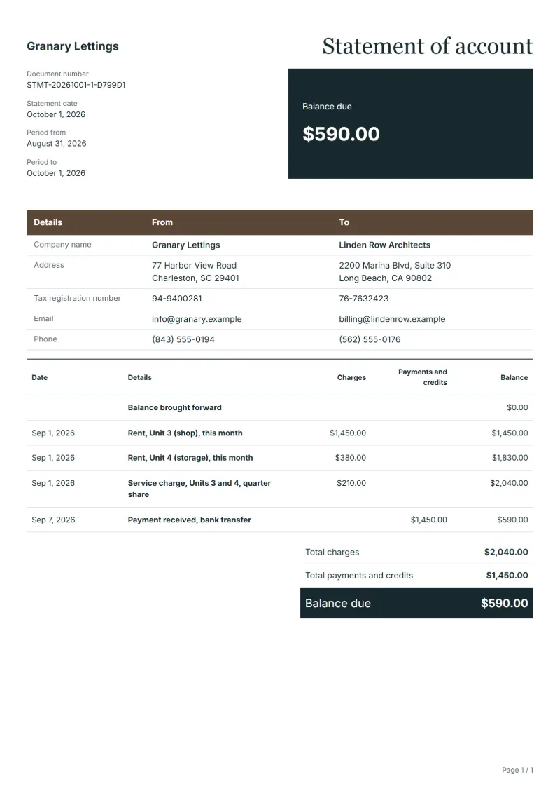 Free multi-unit landlord statement template: sample document with dated charges, payments and the balance due