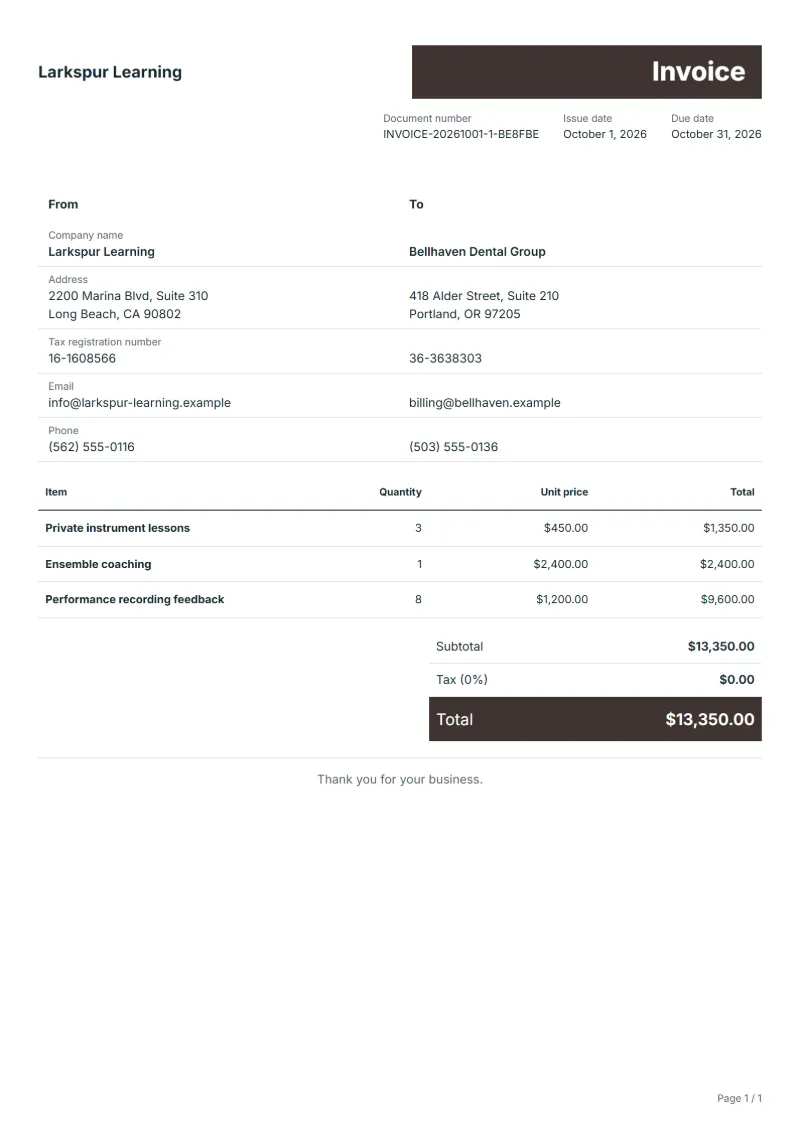 Free music lessons invoice template: sample document with line items, quantities, prices and the total