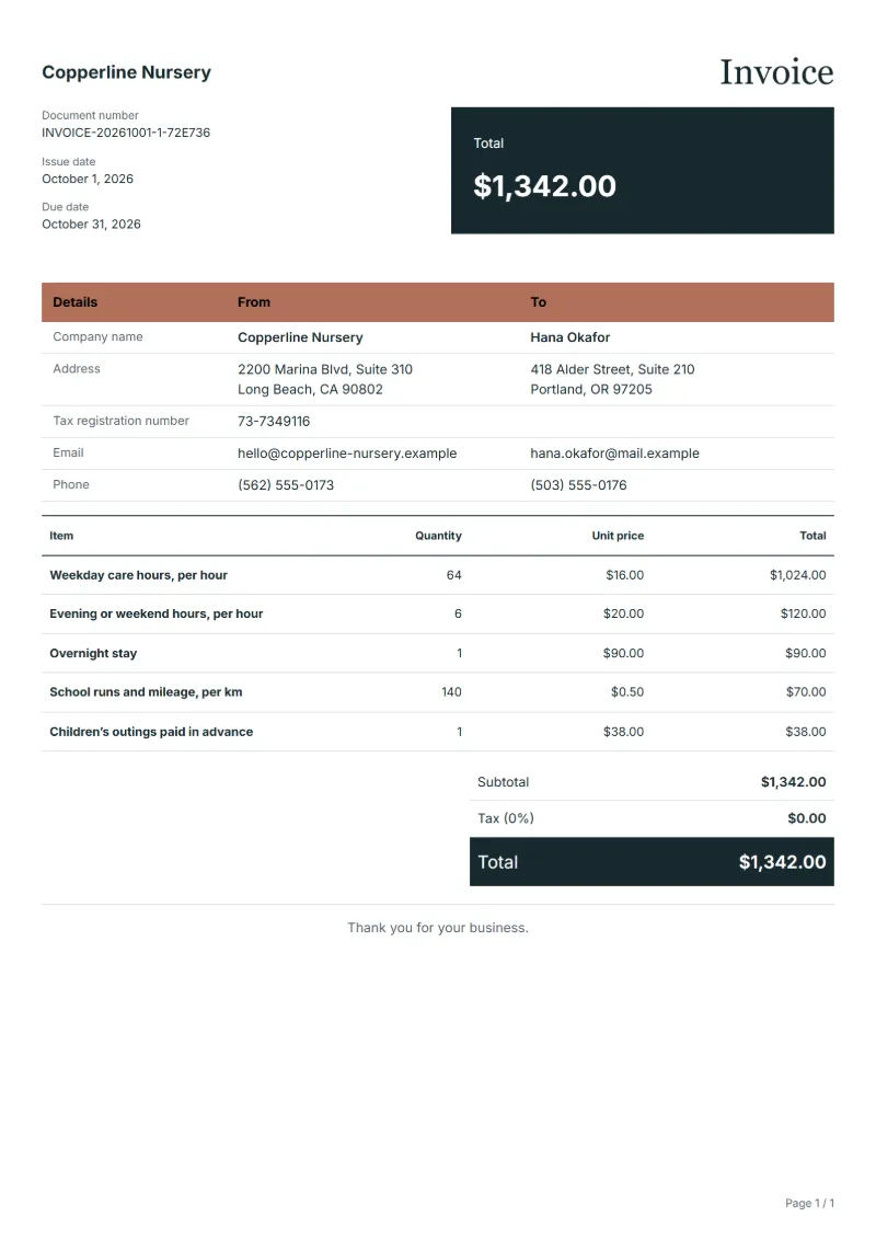 Free nanny invoice template: sample document with fictional company names, line items, quantities, prices and the total