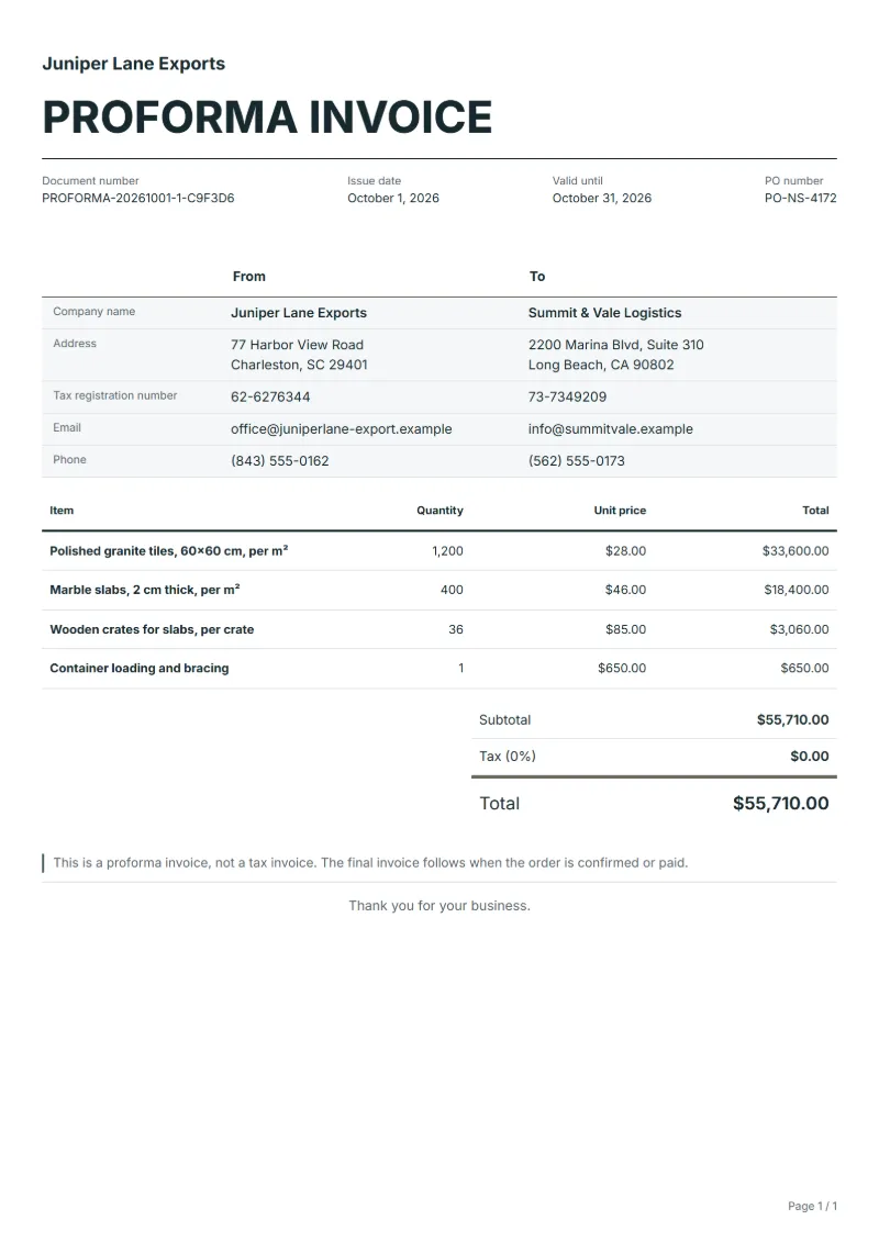 Free natural stone and tile export proforma invoice template: sample document with line items and the total