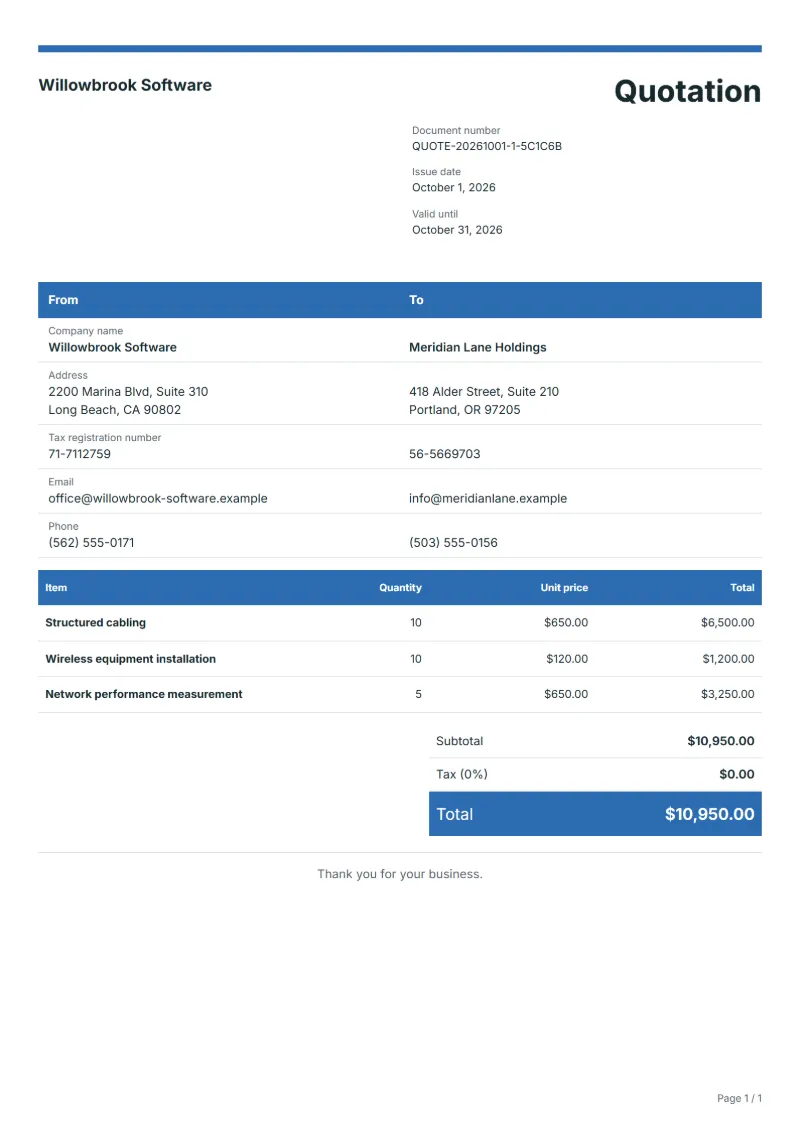 Free office network quotation template: sample document with line items, quantities, prices and the total