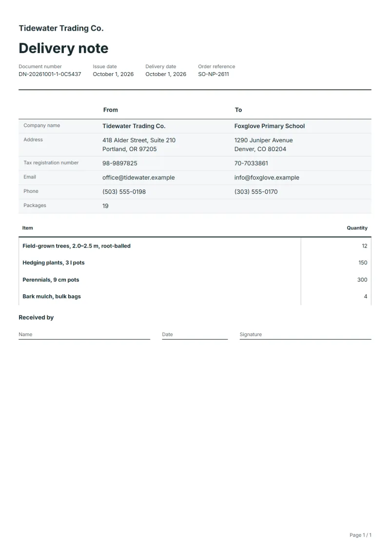 Free nursery plant delivery note template: sample document with the items, their quantities and a signature line