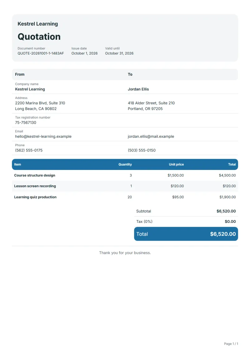 Free online course production quotation template: sample document with line items, quantities, prices and the total
