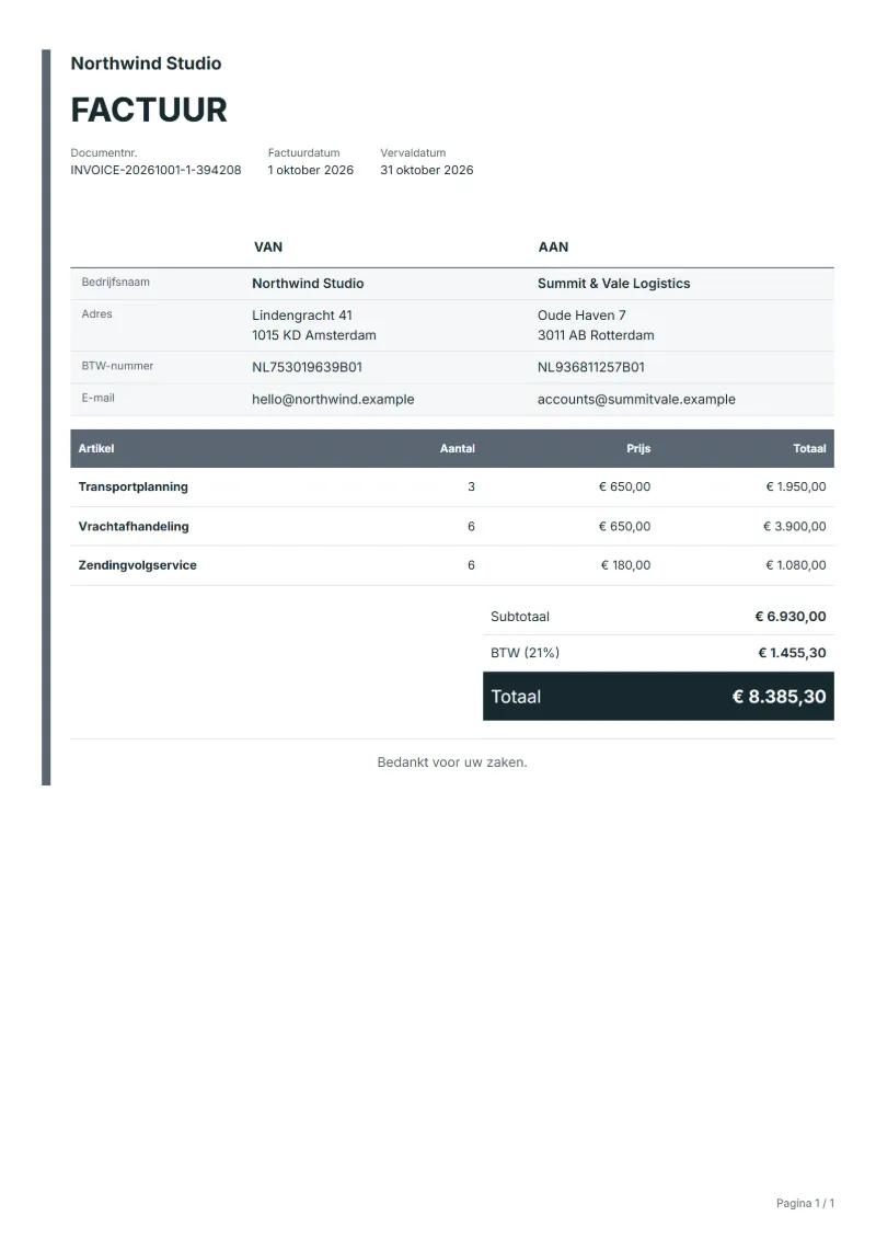 Free online factuur template: sample document with fictional company names, line items, quantities, prices and the total