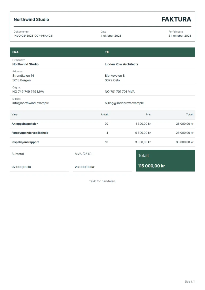 Free online faktura mal template: sample document with fictional company names, line items, quantities, prices and the total