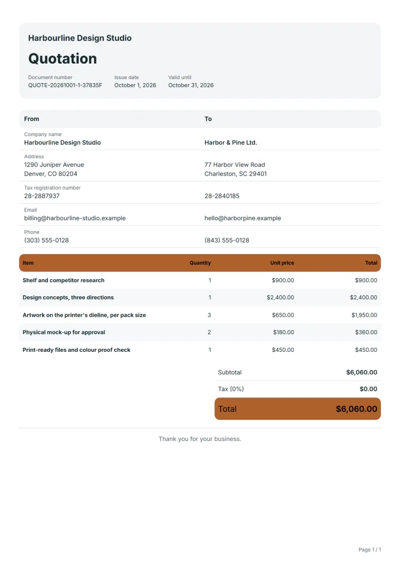 Free packaging design quotation template: sample document with line items, quantities, prices and the total