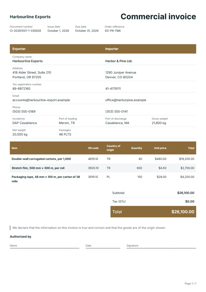 Free packaging materials commercial invoice template: sample document with HS code and origin columns, prices and the total