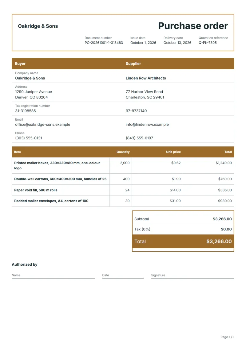 Free packaging materials purchase order template: sample document with line items, quantities, prices and the total