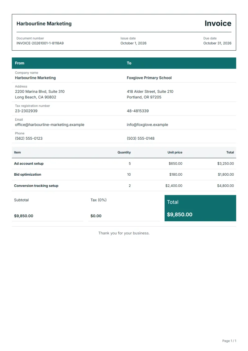 Free advertising management invoice template: sample document with line items, quantities, prices and the total