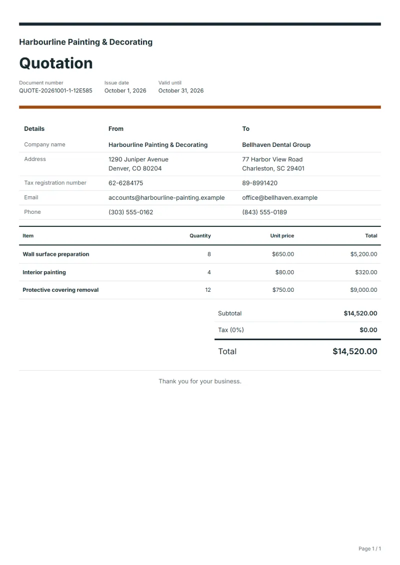 Free painting quotation template: sample document with fictional company names, line items, quantities, prices and the total
