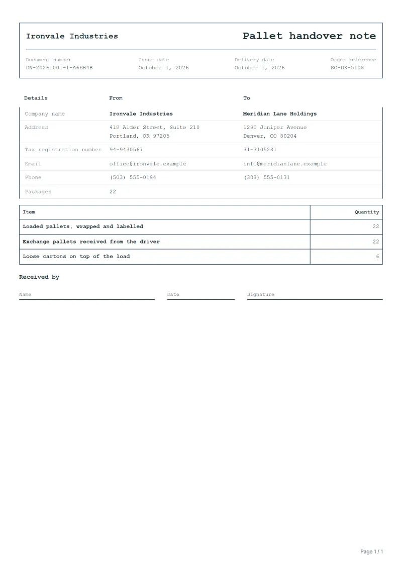 Free pallet handover note template: sample document with the items, their quantities and a signature line
