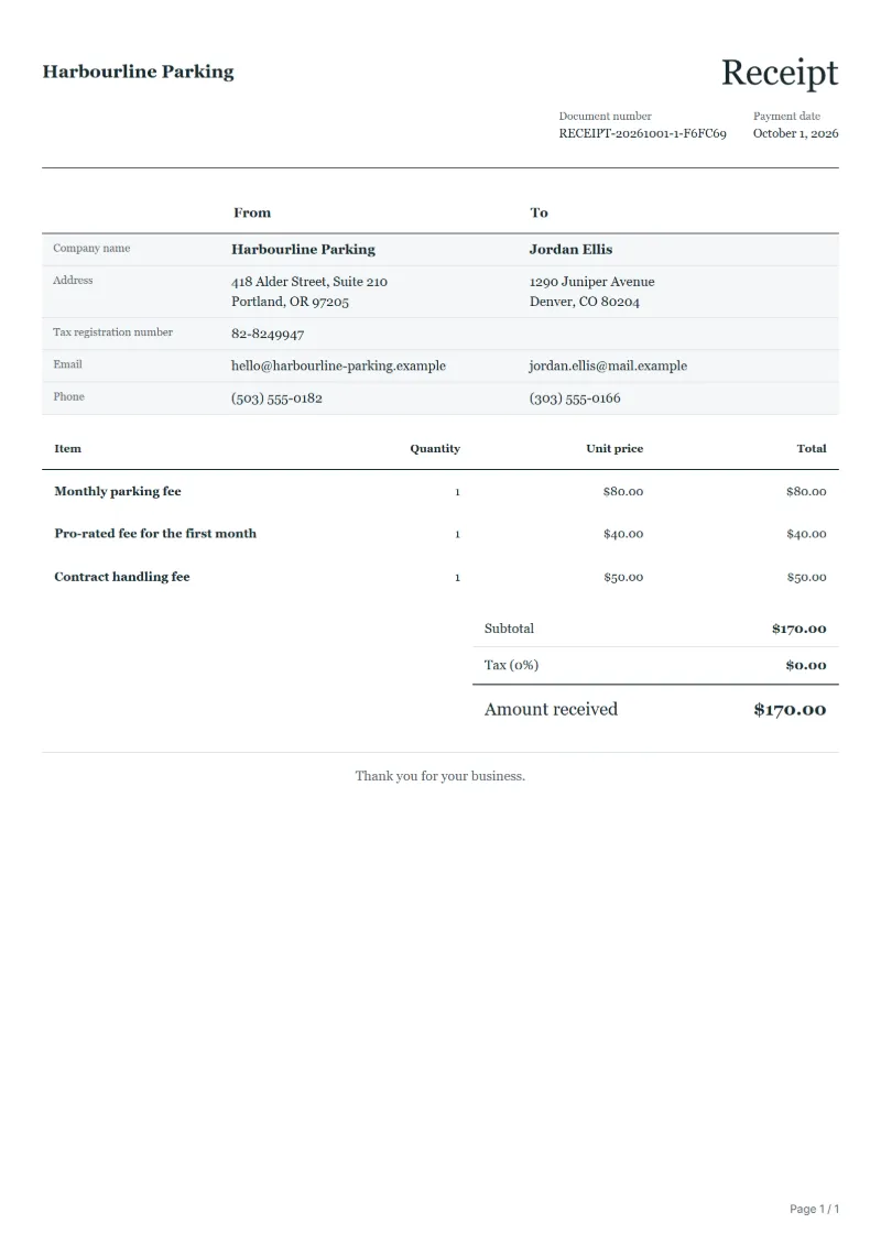 Free parking receipt template: sample document with fictional company names, line items, quantities, prices and the total