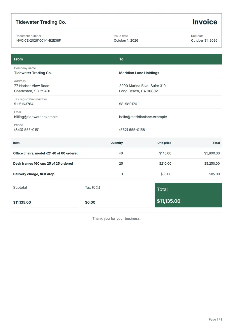 Free partial delivery invoice template: sample document with line items, quantities, prices and the total