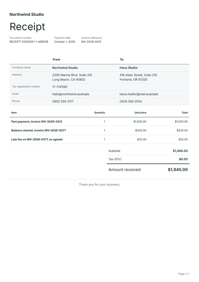 Free partial payment receipt template: sample document with line items, quantities, prices and the total