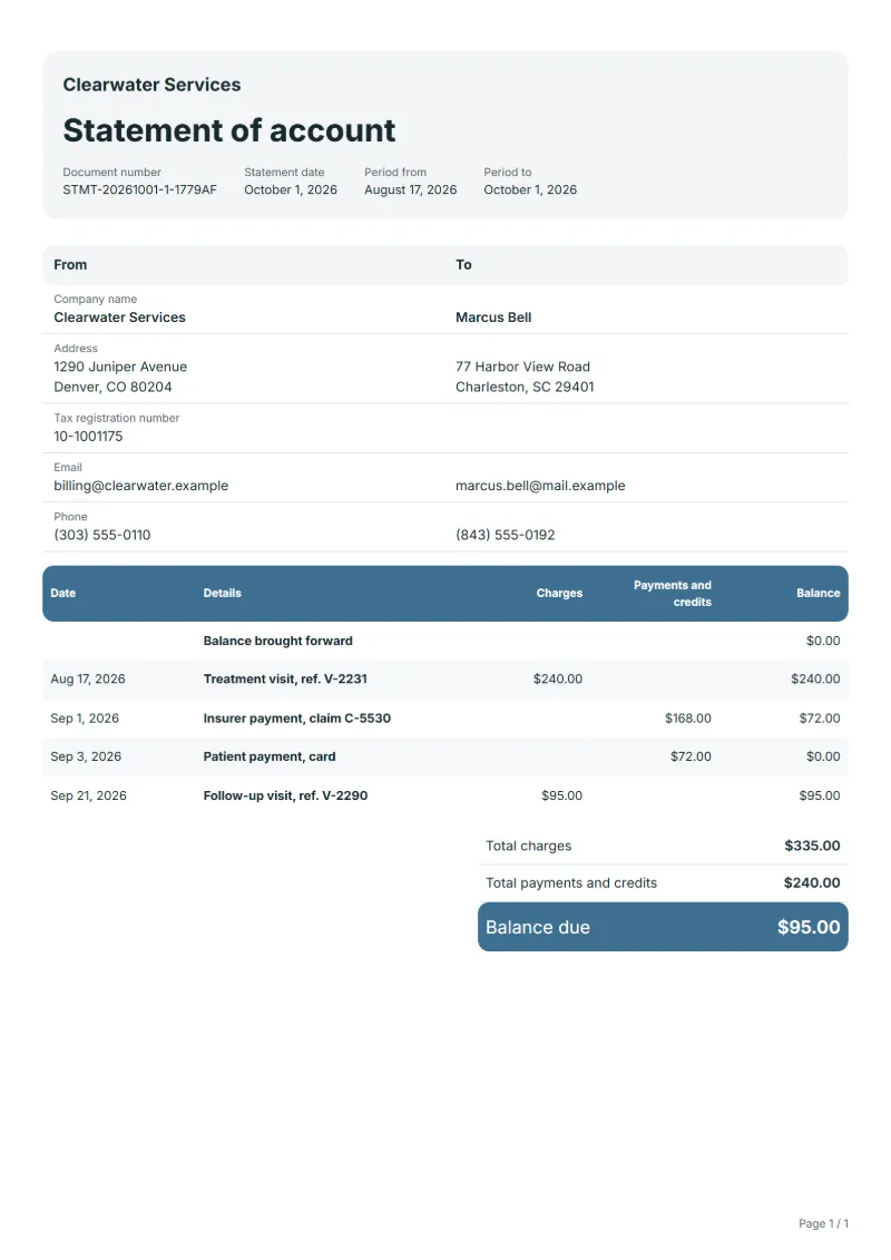 Free patient account statement template: sample document with dated charges, payments and the balance due