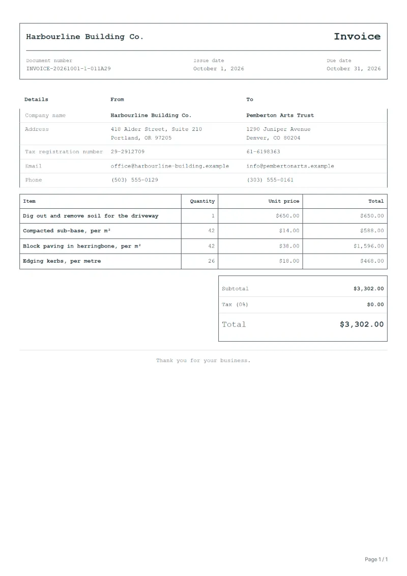 Free paving invoice template: sample document with fictional company names, line items, quantities, prices and the total