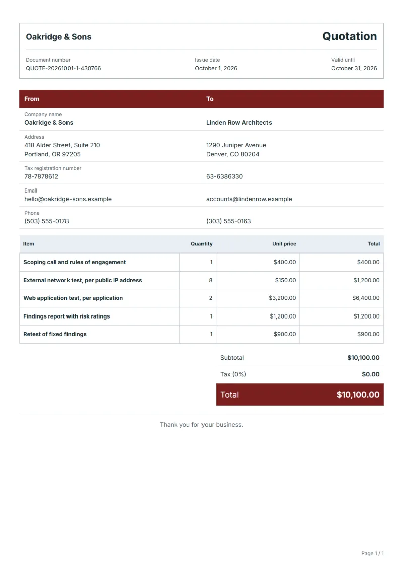 Free penetration test quotation template: sample document with line items, quantities, prices and the total