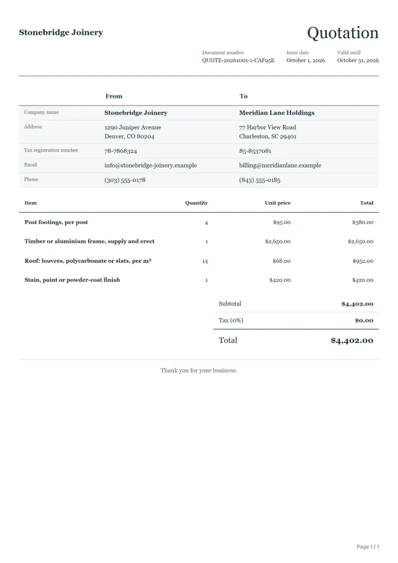 Free pergola quotation template: sample document with fictional company names, line items, quantities, prices and the total