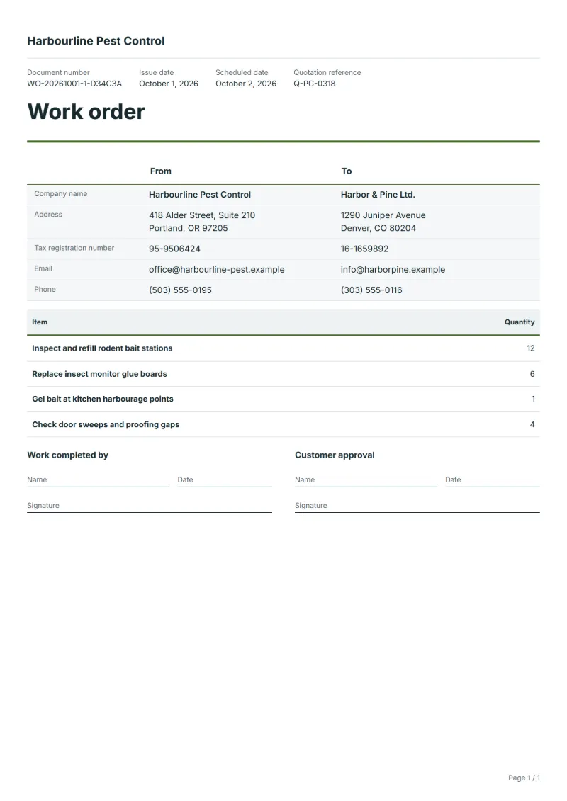 Free pest control visit work order template: sample document with the items, their quantities and a signature line