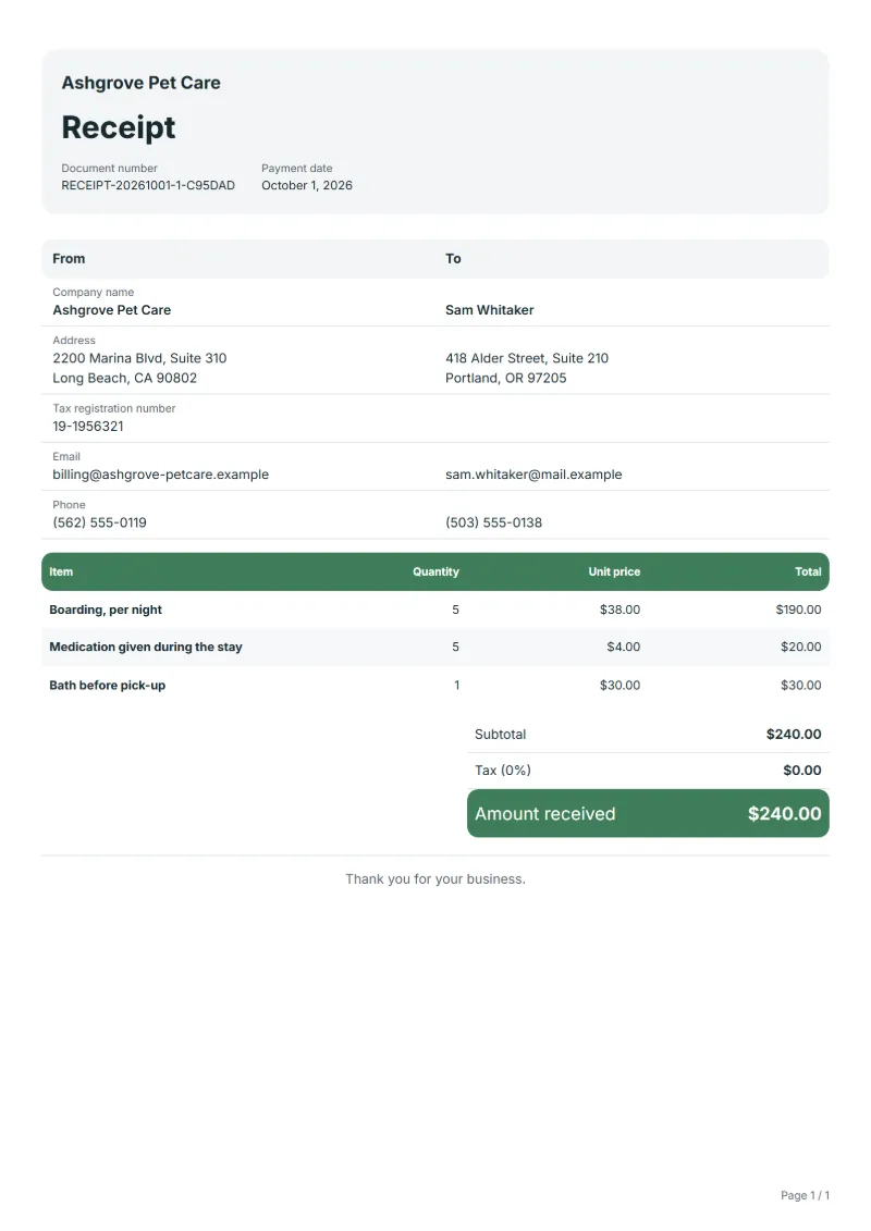 Free pet boarding receipt template: sample document with line items, quantities, prices and the total
