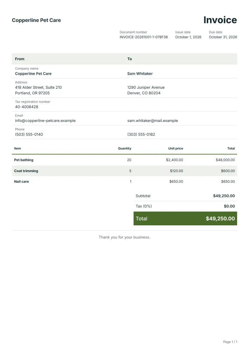 Free pet grooming invoice template: sample document with line items, quantities, prices and the total
