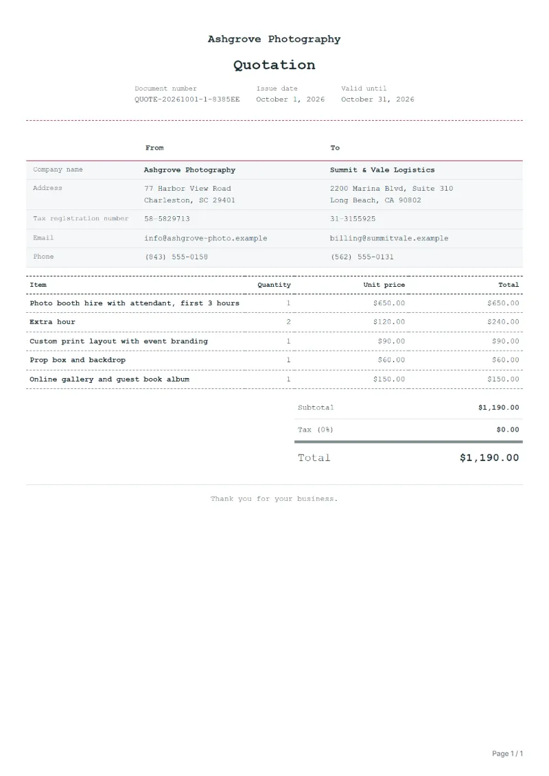 Free photo booth hire quotation template: sample document with line items, quantities, prices and the total