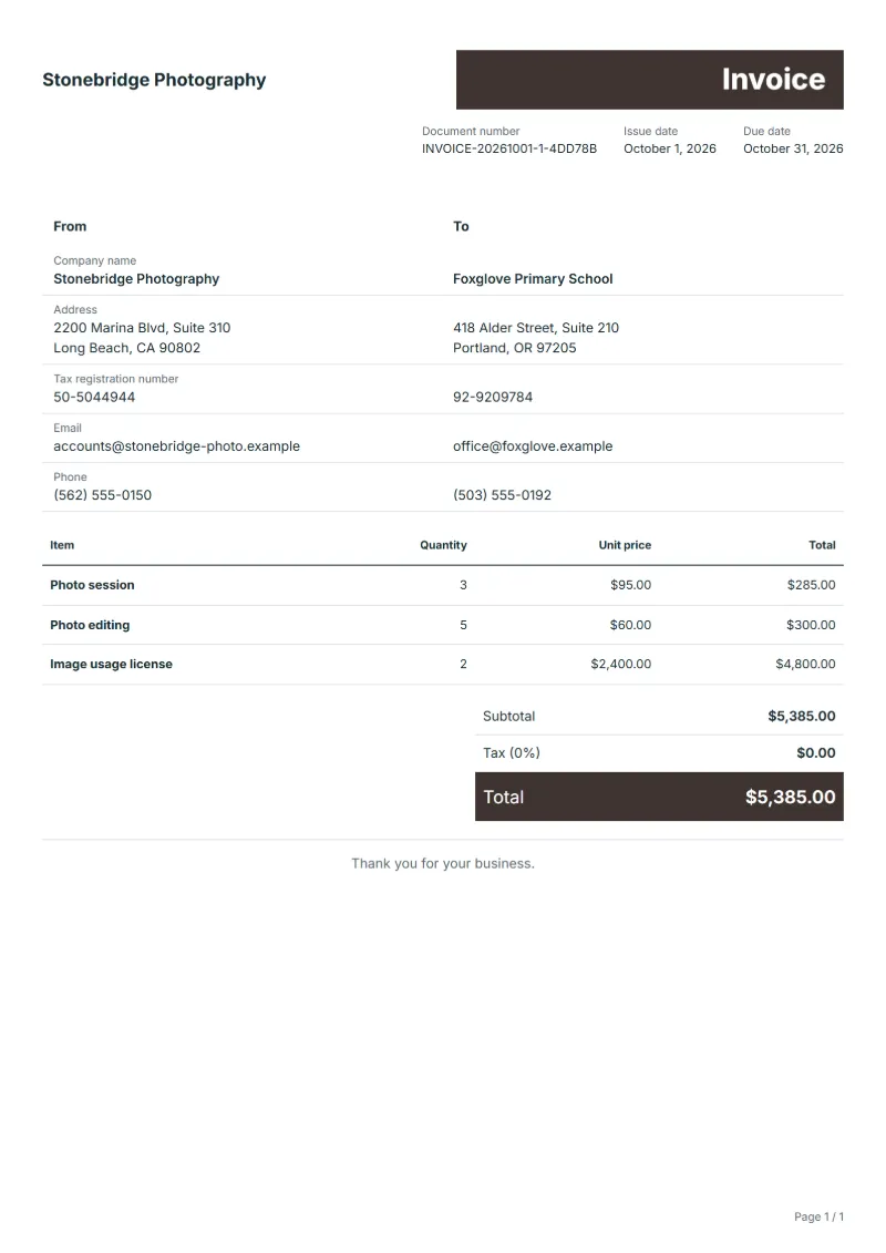 Free photography invoice template: sample document with fictional company names, line items, quantities, prices and the total