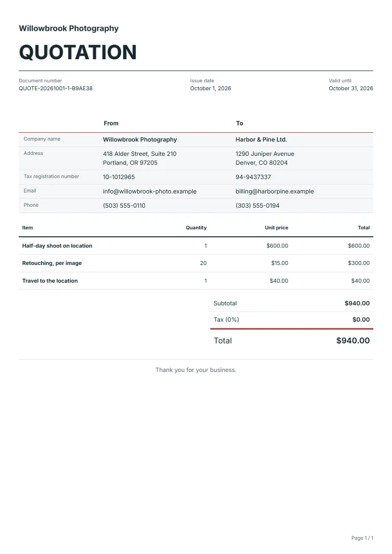 Free photography quotation template: sample document with line items, quantities, prices and the total