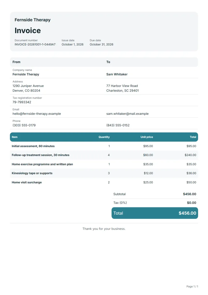 Free physiotherapy invoice template: sample document with line items, quantities, prices and the total