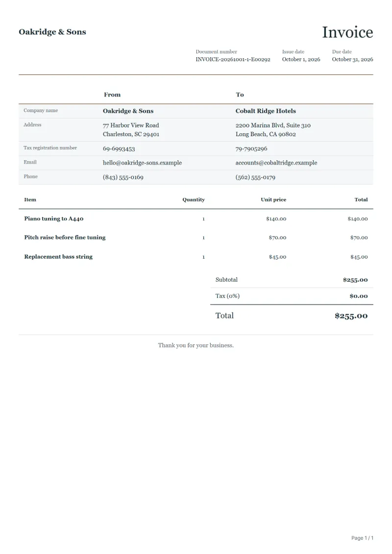 Free piano tuning invoice template: sample document with line items, quantities, prices and the total