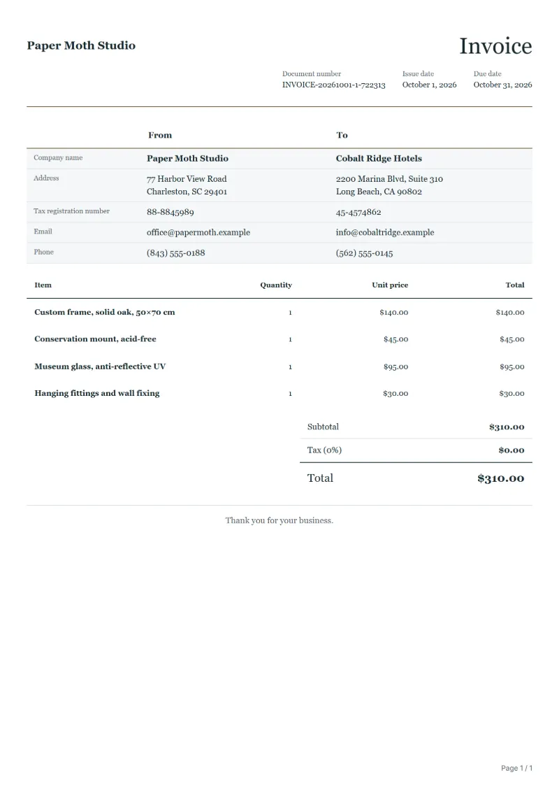 Free picture framing invoice template: sample document with line items, quantities, prices and the total
