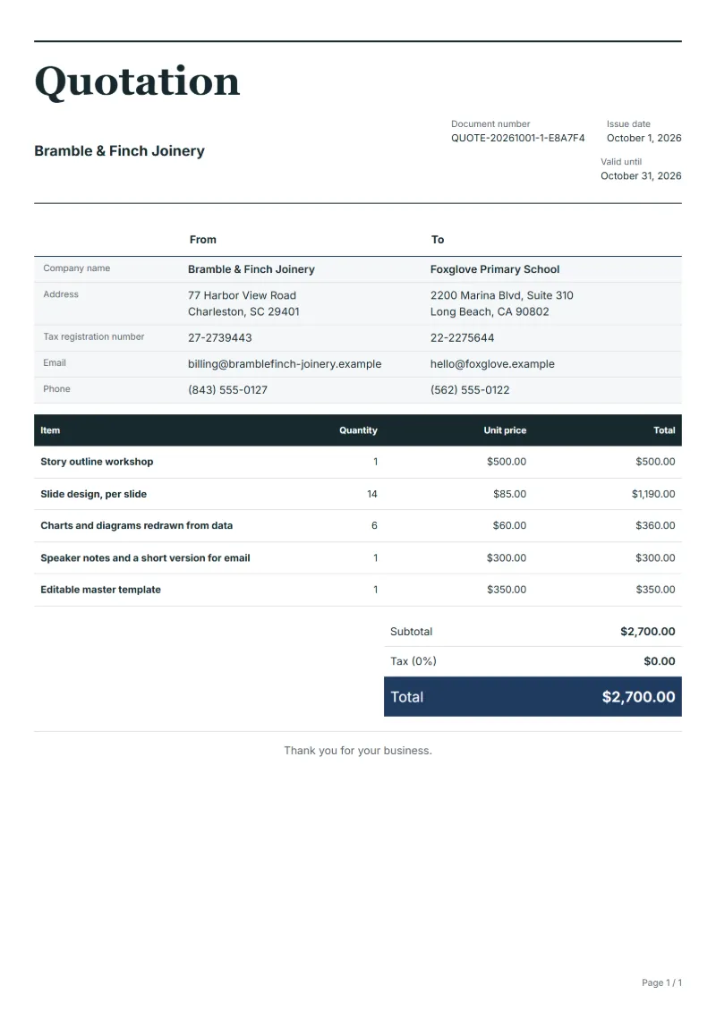 Free pitch deck design quotation template: sample document with line items, quantities, prices and the total