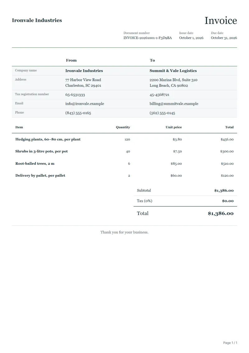 Free plant nursery trade invoice template: sample document with line items, quantities, prices and the total