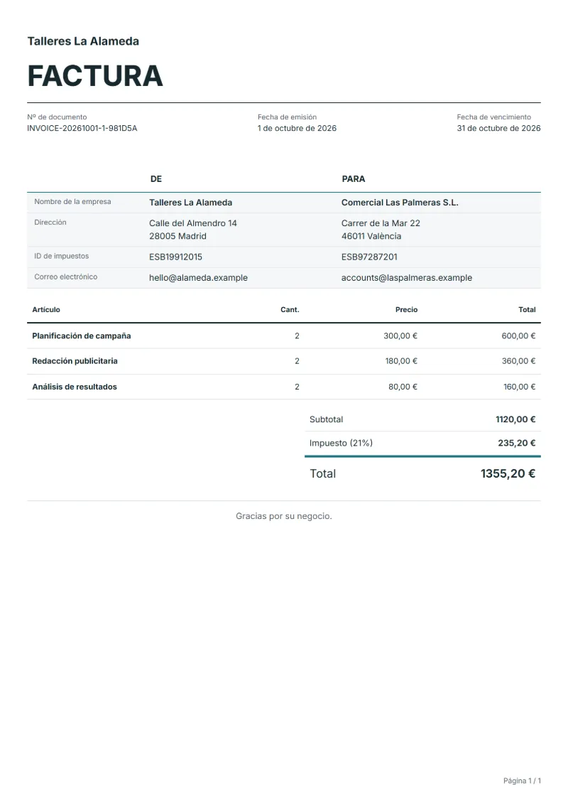 Free plantilla de factura en linea template: sample document with line items, quantities, prices and the total
