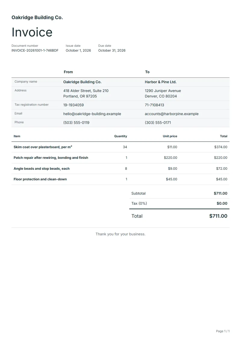 Free plasterer invoice template: sample document with fictional company names, line items, quantities, prices and the total
