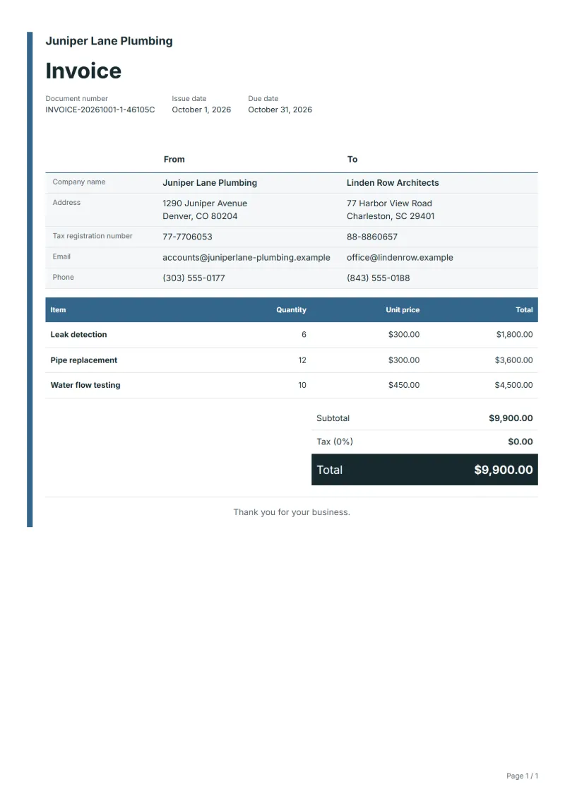 Free plumbing repair invoice template: sample document with line items, quantities, prices and the total