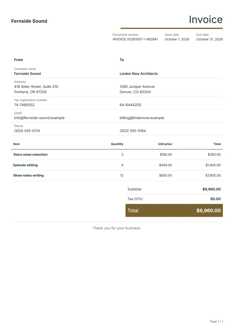 Free podcast editing invoice template: sample document with line items, quantities, prices and the total