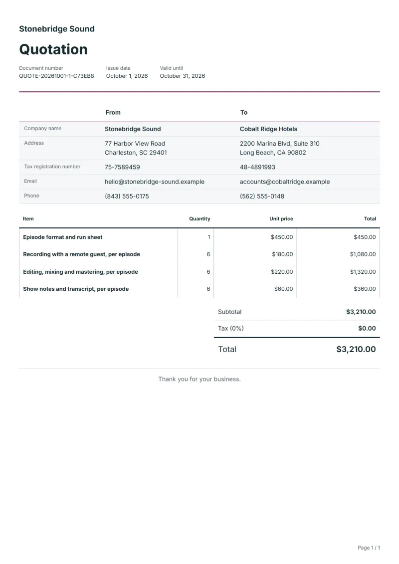 Free podcast production quotation template: sample document with line items, quantities, prices and the total