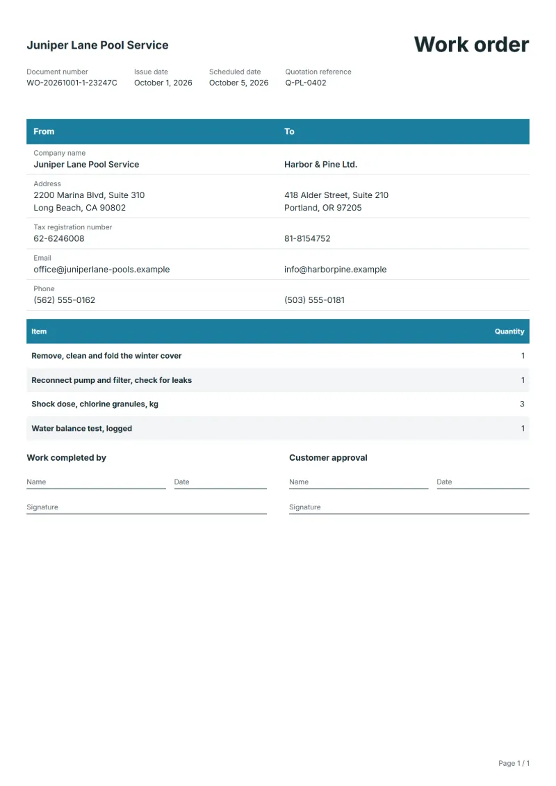 Free pool opening and closing work order template: sample document with the items, their quantities and a signature line