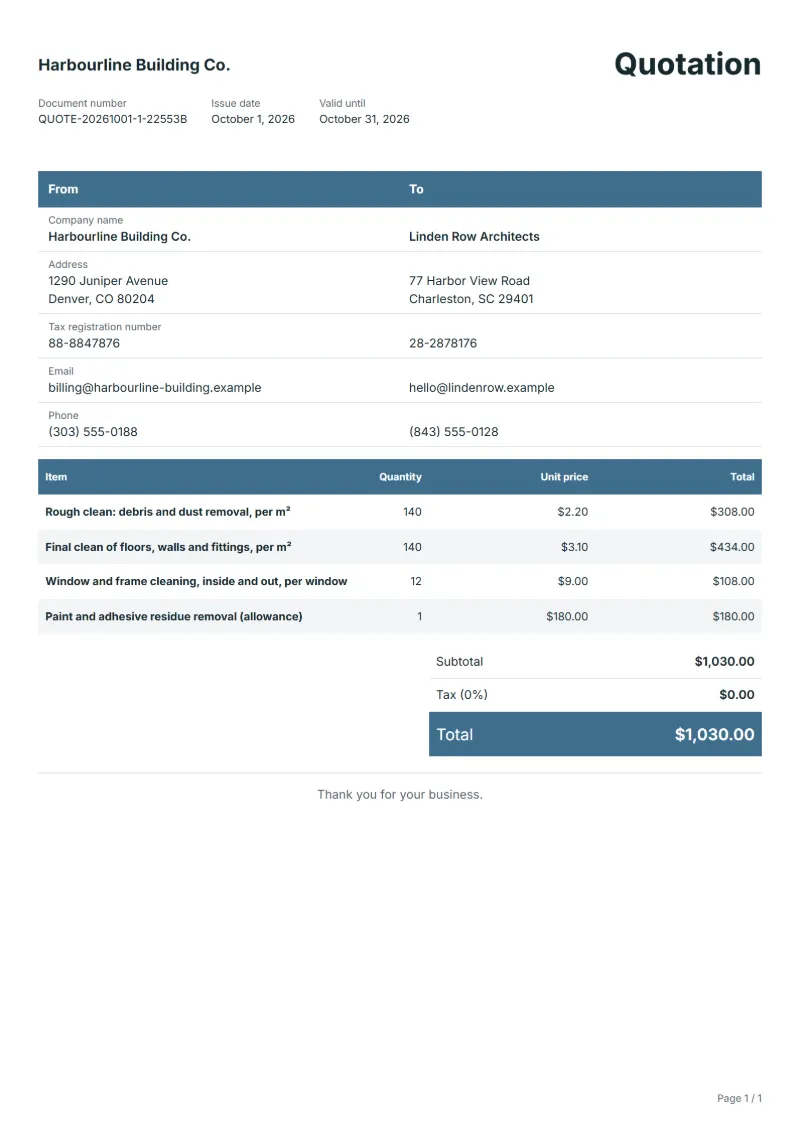 Free post-construction cleaning quotation template: sample document with line items, quantities, prices and the total