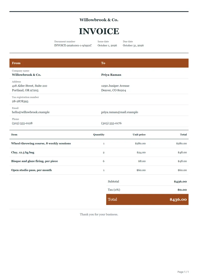 Free pottery class invoice template: sample document with line items, quantities, prices and the total