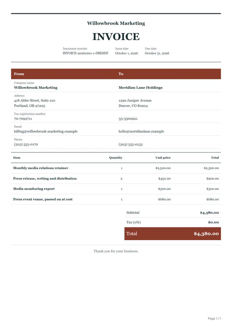Free PR agency invoice template: sample document with fictional company names, line items, quantities, prices and the total