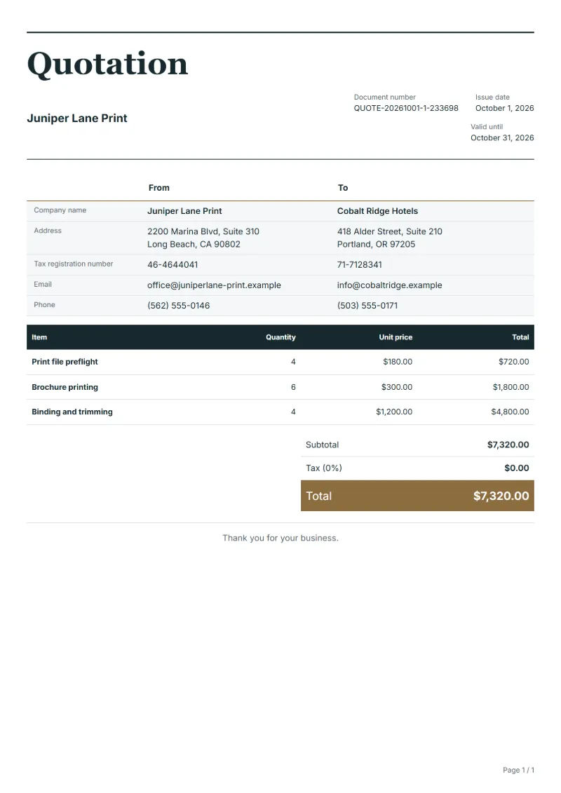 Free printing quotation template: sample document with fictional company names, line items, quantities, prices and the total
