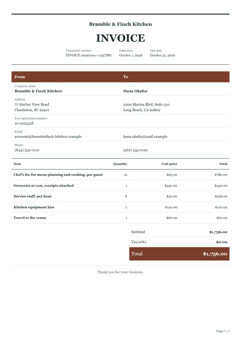 Free private chef invoice template: sample document with line items, quantities, prices and the total