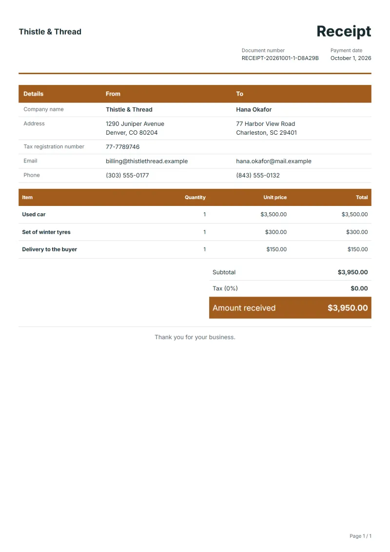 Free private sale receipt template: sample document with line items, quantities, prices and the total